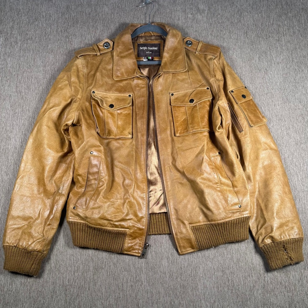 Sergio Beninni Milan Mens XL Tan Brown Leather Bomber Jacket Military Flight
